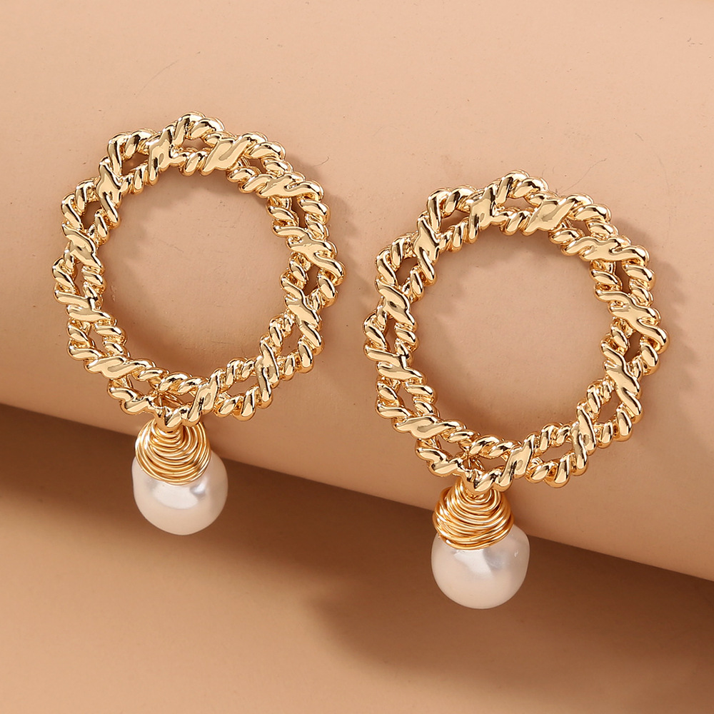 欧美大牌气质女士几何圆环耳饰 巴洛克珍珠金属百搭潮流耳环 耳钉