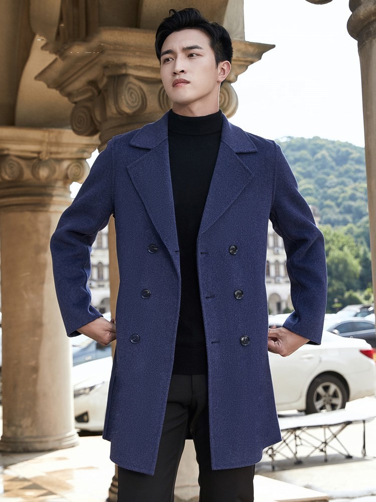 冬季男装双面呢风衣纯羊毛呢子外套韩版修身双排扣中长款羊绒大衣