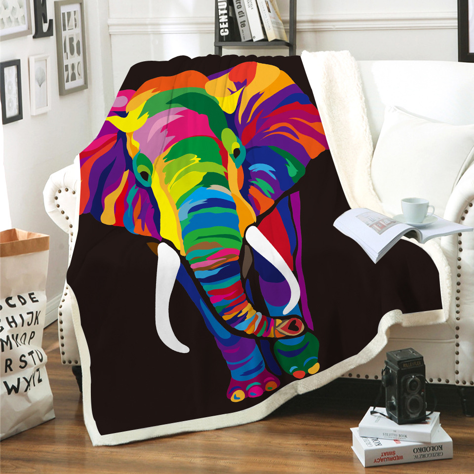 跨境彩色动物大象数码印花方形毛毯棉花绒超厚可复合批发来图定制