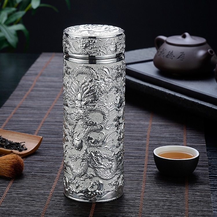 银杯子999千足银 保温口杯雪花银内胆养生保健水杯内外纯银九龙杯