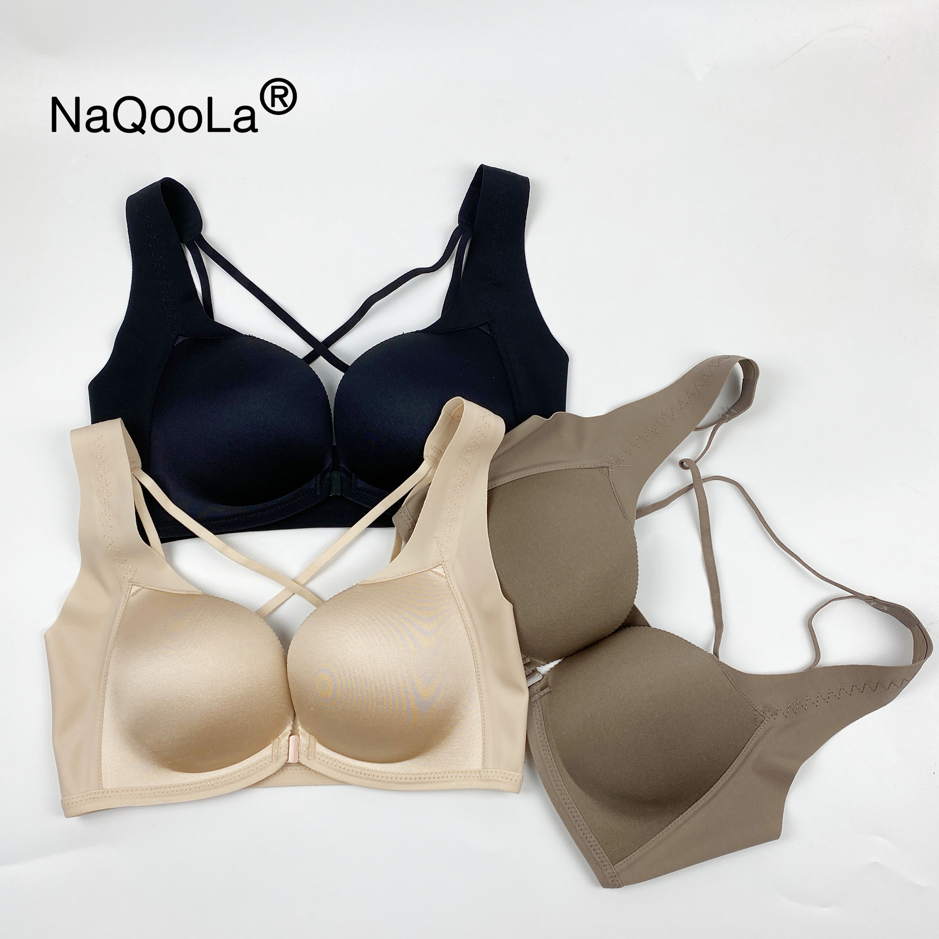 naqoola舒服背心式内衣 品牌欧美风无痕无钢圈前扣交叉美背文胸