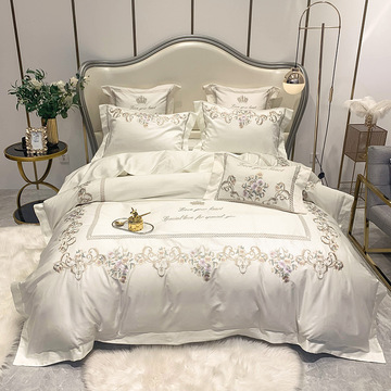 180支纯棉贡缎刺绣斜纹四件套 简约清新酒店民宿居家床上用品批发