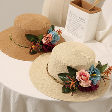 韩版新款时尚立体花朵平顶草帽女夏天沙滩遮阳帽优雅百搭度假礼帽