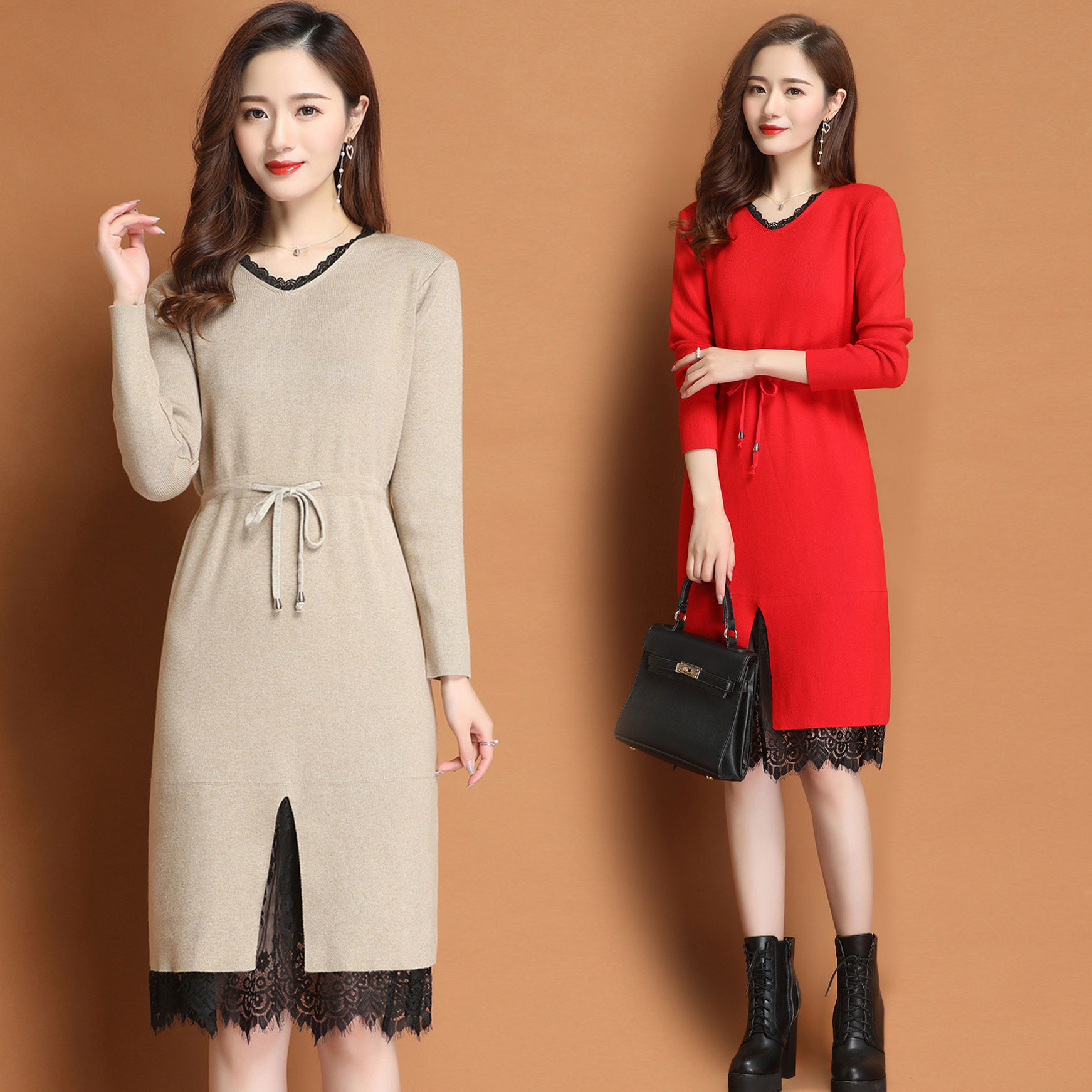 配大衣的毛衣裙女长款过膝春装2020年新款秋冬蕾丝打底针织连衣裙