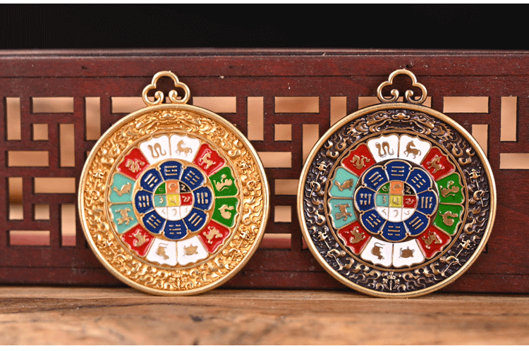 彩绘九宫八卦牌西藏藏式八吉祥背面带字佛牌吊坠藏传佛教用品腰牌
