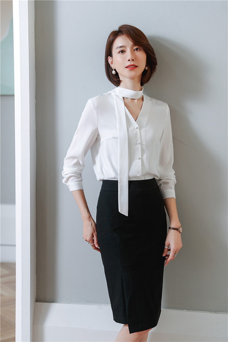 衬衫2020新款正装职业淑女名媛气质商务网红蝴蝶结v领系带jy8029