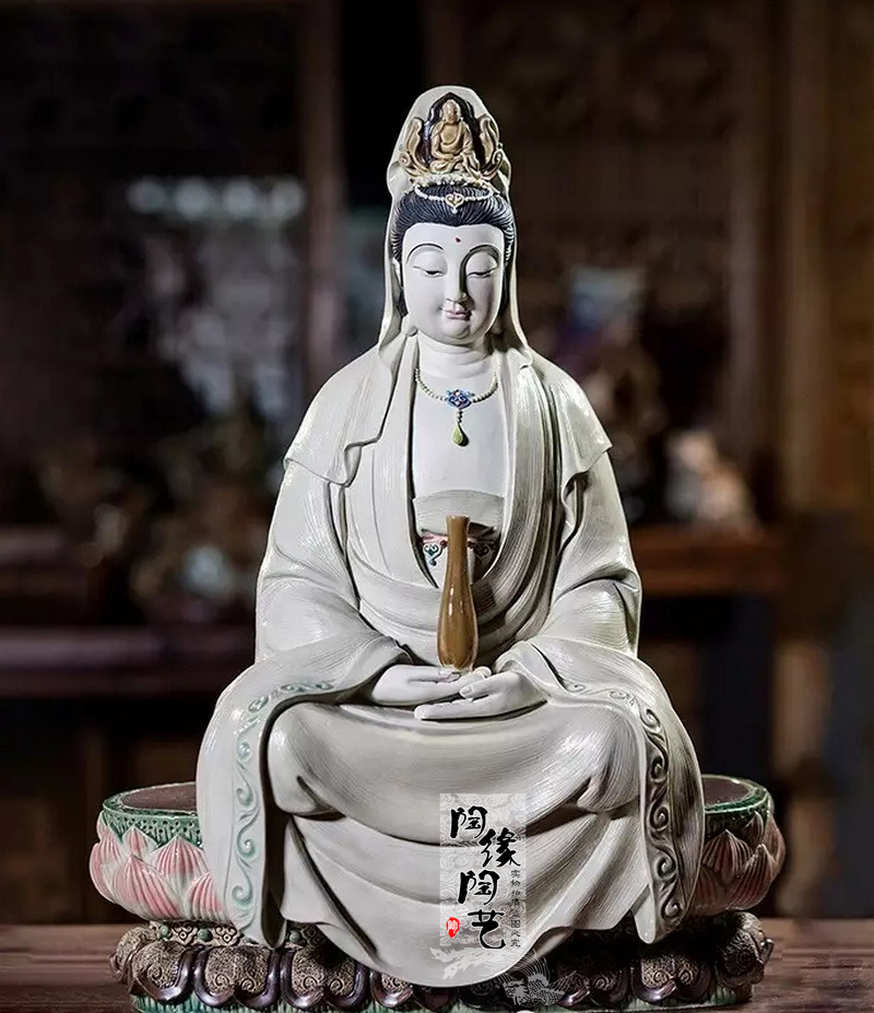 陶瓷工艺品 石湾公仔 坐莲观音 菩萨