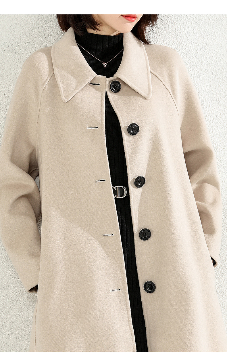 2694米色赫本风高端双面呢大衣女长款秋冬新款系带收腰羊毛呢外套