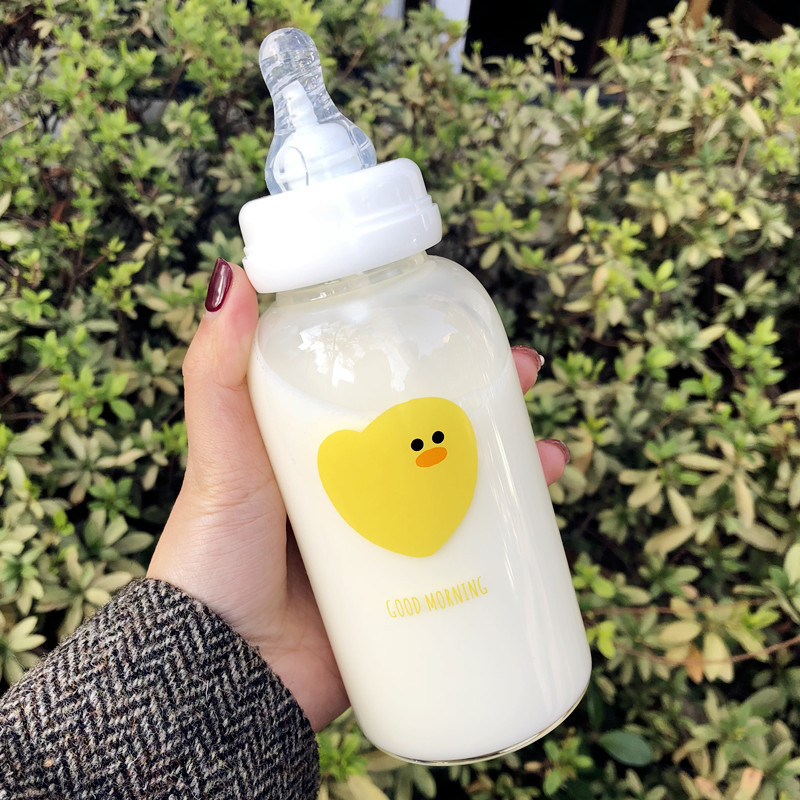 玻璃杯可爱小黄鸡白鸡成人奶瓶创意可爱奶嘴吸管玻璃水杯学生厂家