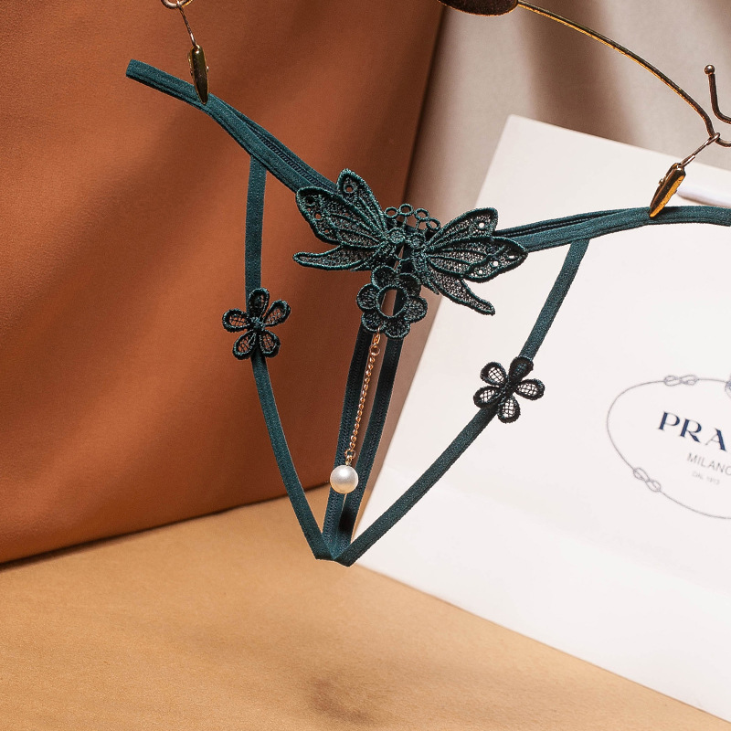 性感女士丁字裤欧美刺绣诱惑t字内裤女珍珠开裆低腰火辣透视 2231