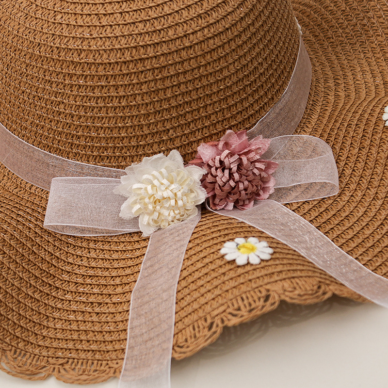 草帽女夏可折叠大沿遮阳帽女孩沙滩帽小菊花波浪边丝带蝴蝶结凉帽