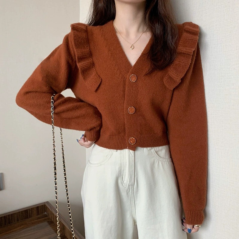 穿搭女装秋冬木耳边港风宽松减龄v领焦糖色针织毛衣女短19719