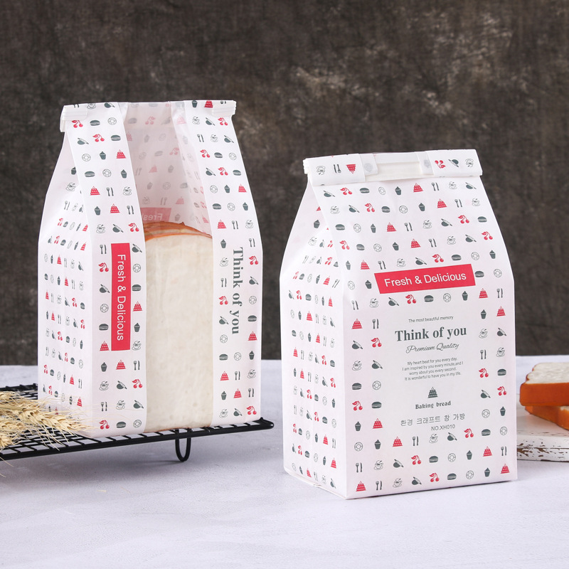 现货烘焙袋开窗透明面包袋可爱图标印吐司袋铁丝卷边牛皮纸袋定做
