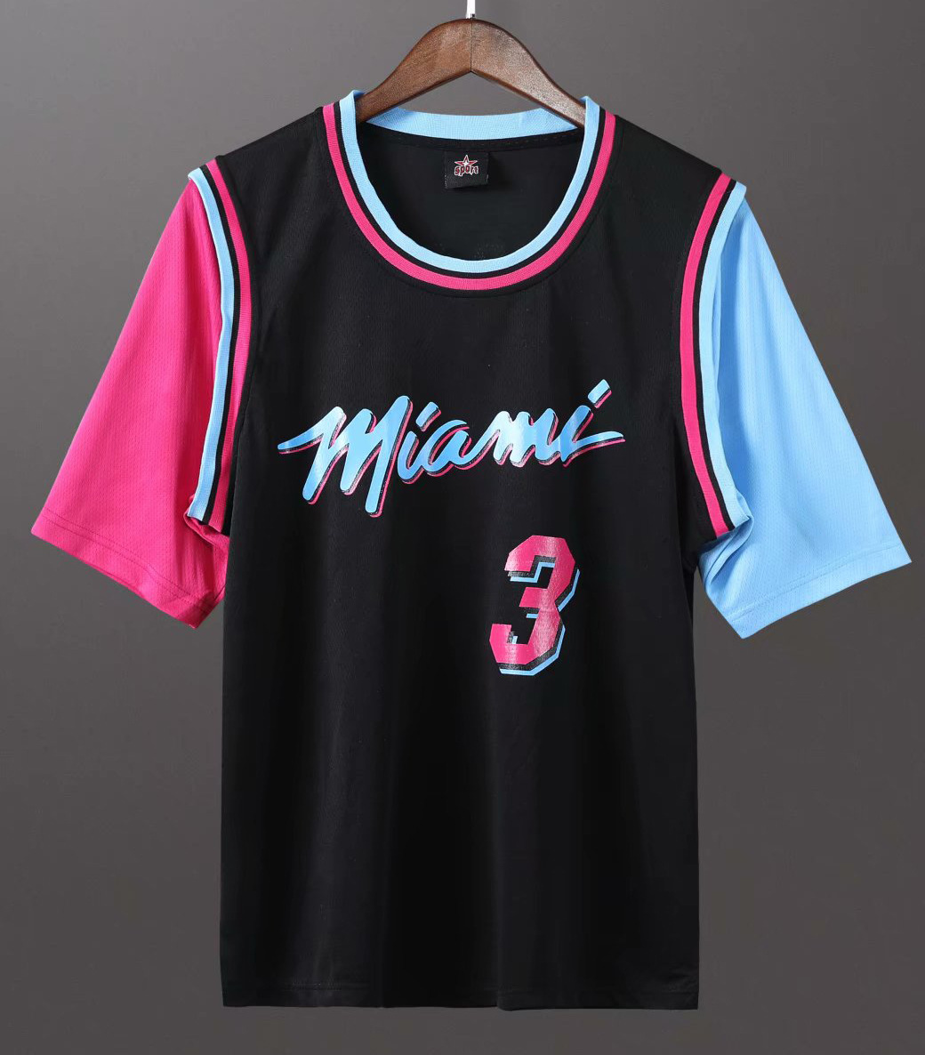 热火队城市版3号韦特短袖篮球服单价球衣假两件套比赛篮球队服男