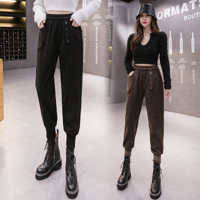 毛呢工装裤女秋冬2020新款马丁裤哈伦女裤显瘦高腰配马丁靴的裤子
