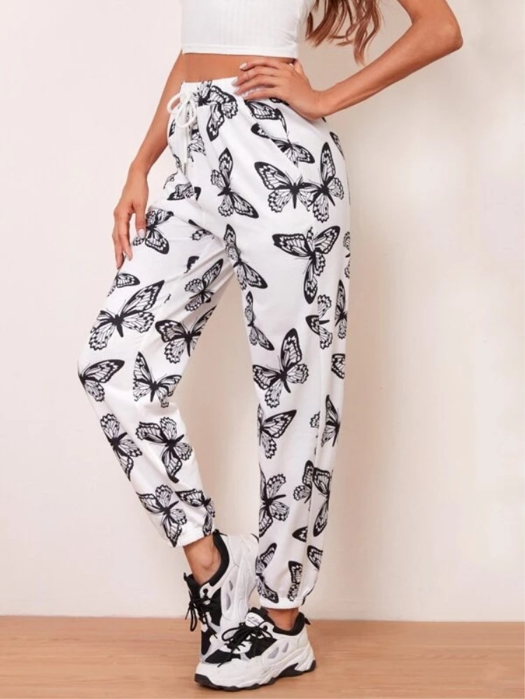 5色 d7灰色潮牌蝴蝶运动休闲裤女春秋2021新款韩版宽松束脚哈伦卫裤子