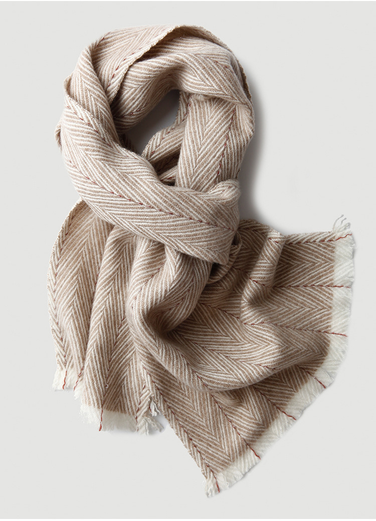 女士人字纹羊绒围巾 轻缩绒羊绒披肩条纹格子秋冬季保暖cashmere