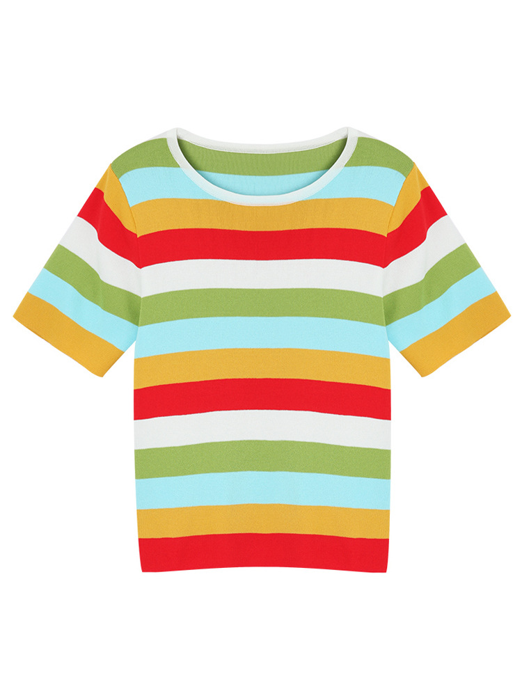 时尚洋气彩虹条纹短袖t恤女2020新款春夏季修身体恤圆领打底上衣