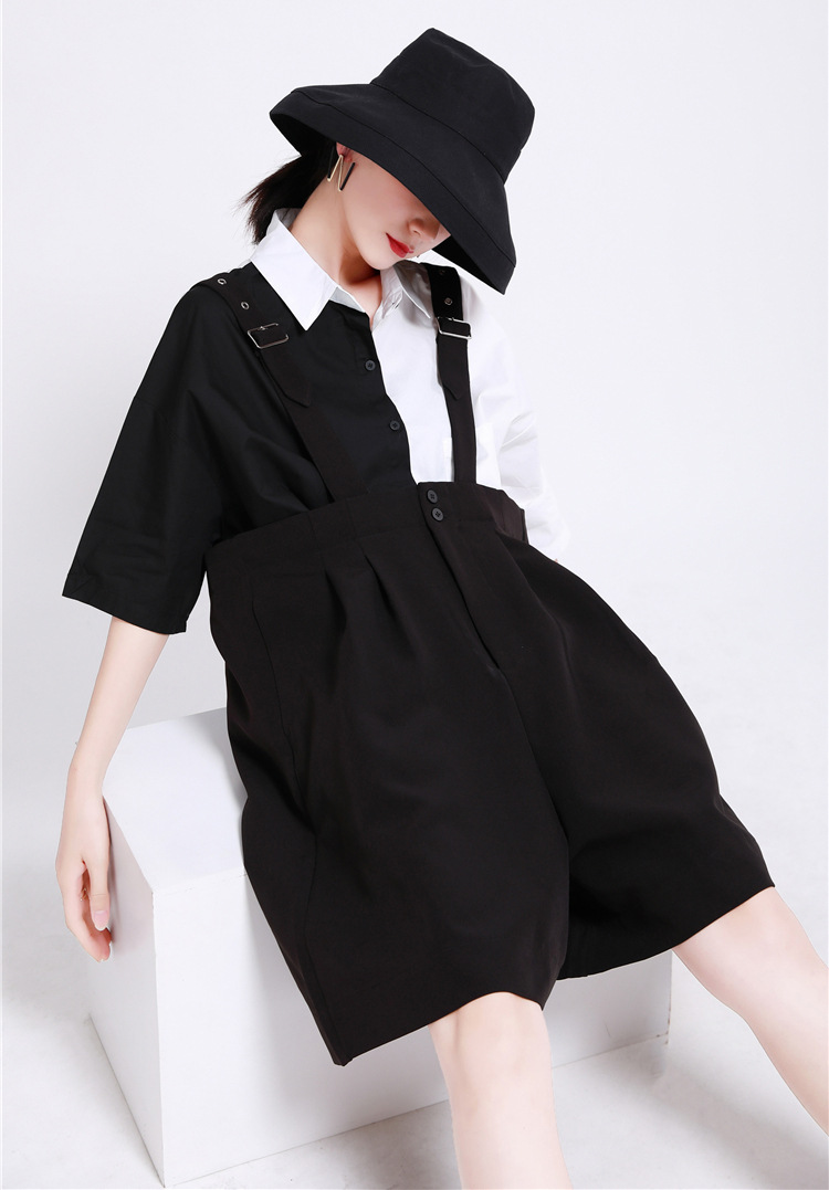 2022夏季女装黑色背带短裤女宽松可爱减龄高腰显瘦西装五分裤