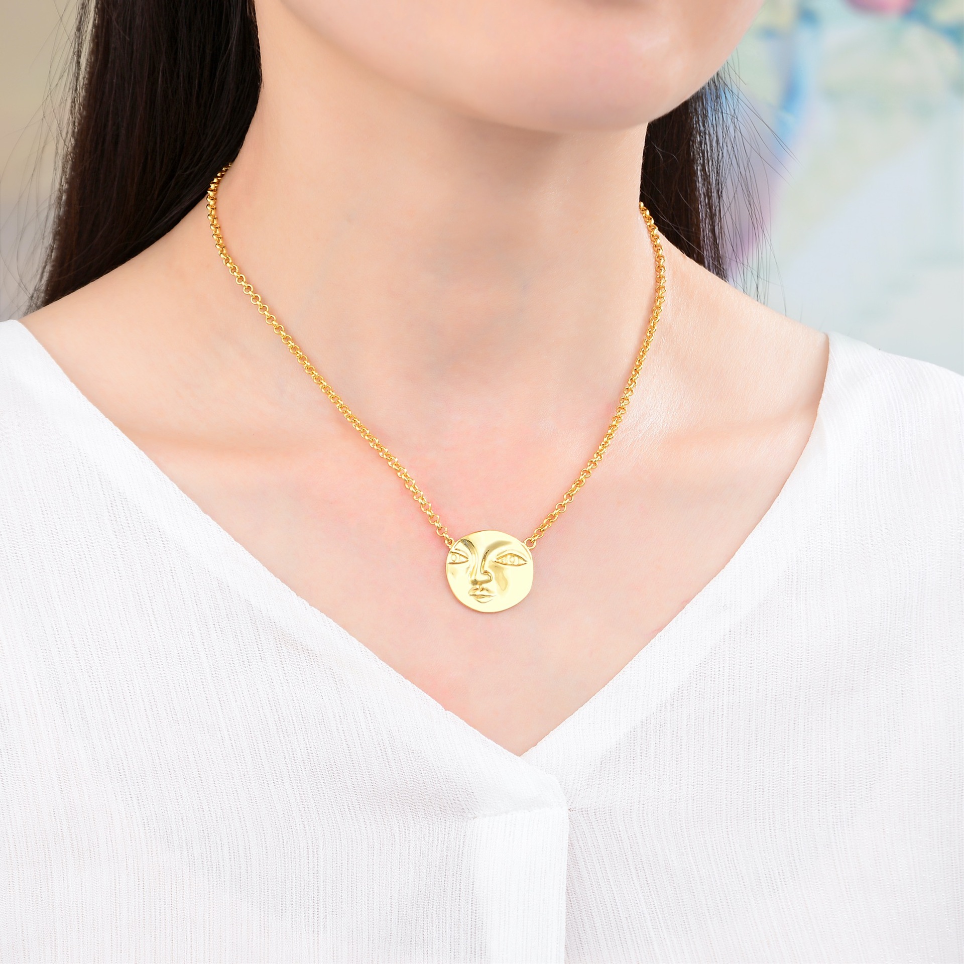 欧美时尚复古小众高端设计face圆脸s925银镀18k金项链