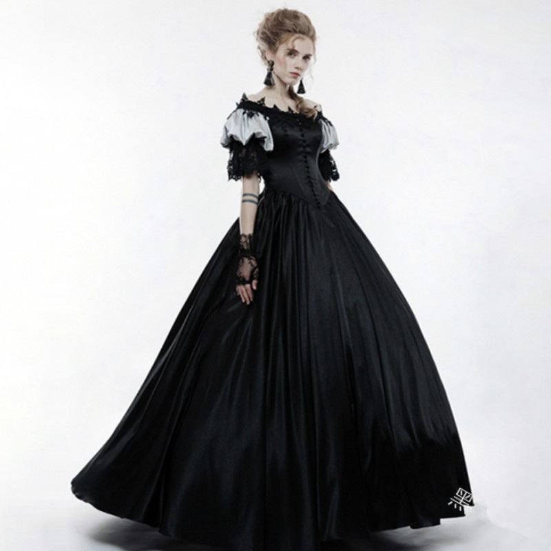 中世纪文艺复兴宫廷礼服蕾丝拼接短袖裹胸高腰修身长裙摄影写真裙