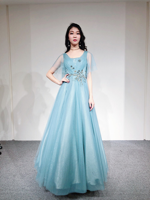 蓝色蓬蓬裙声乐独唱艺考宴会礼服长裙演出服装礼服女长款显瘦