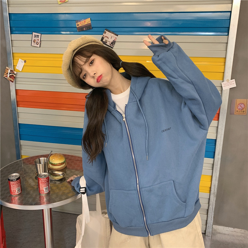 春秋长袖韩版2020新款雾霾蓝宽松卫衣拉链外套女装chic上衣潮ins