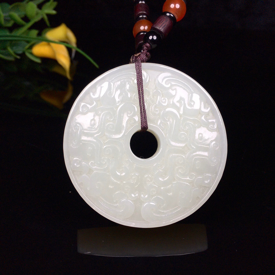 和田玉平安扣吊坠男款白玉双面雕刻仿古祥云兽纹玉佩玉石项链玉坠