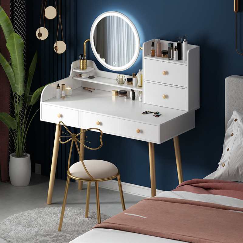 梳妆台卧室北欧简约现代小户型网红书女化妆桌收纳柜一体带灯