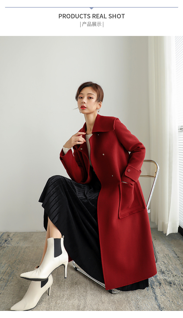 法国红大廓形宽松双面呢羊绒大衣女长款韩版红色大海军领毛呢外套