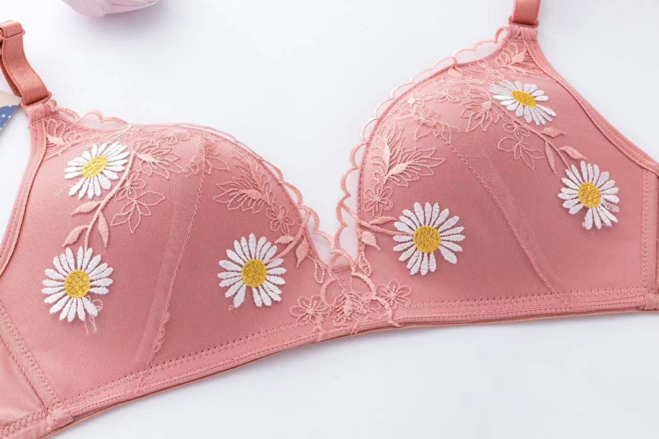 2020新款轻薄三角杯内衣女潮流小雏菊刺绣蕾丝边无痕胸罩文胸