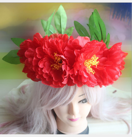 仿真牡丹头饰花环舞蹈佩戴新娘头花沙滩度假海边花定制厂家批发