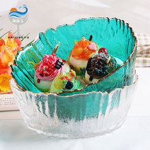 海晶玉家用创意金边彩色玻璃沙拉碗树皮纹蔬菜水果甜品盘厂家批发