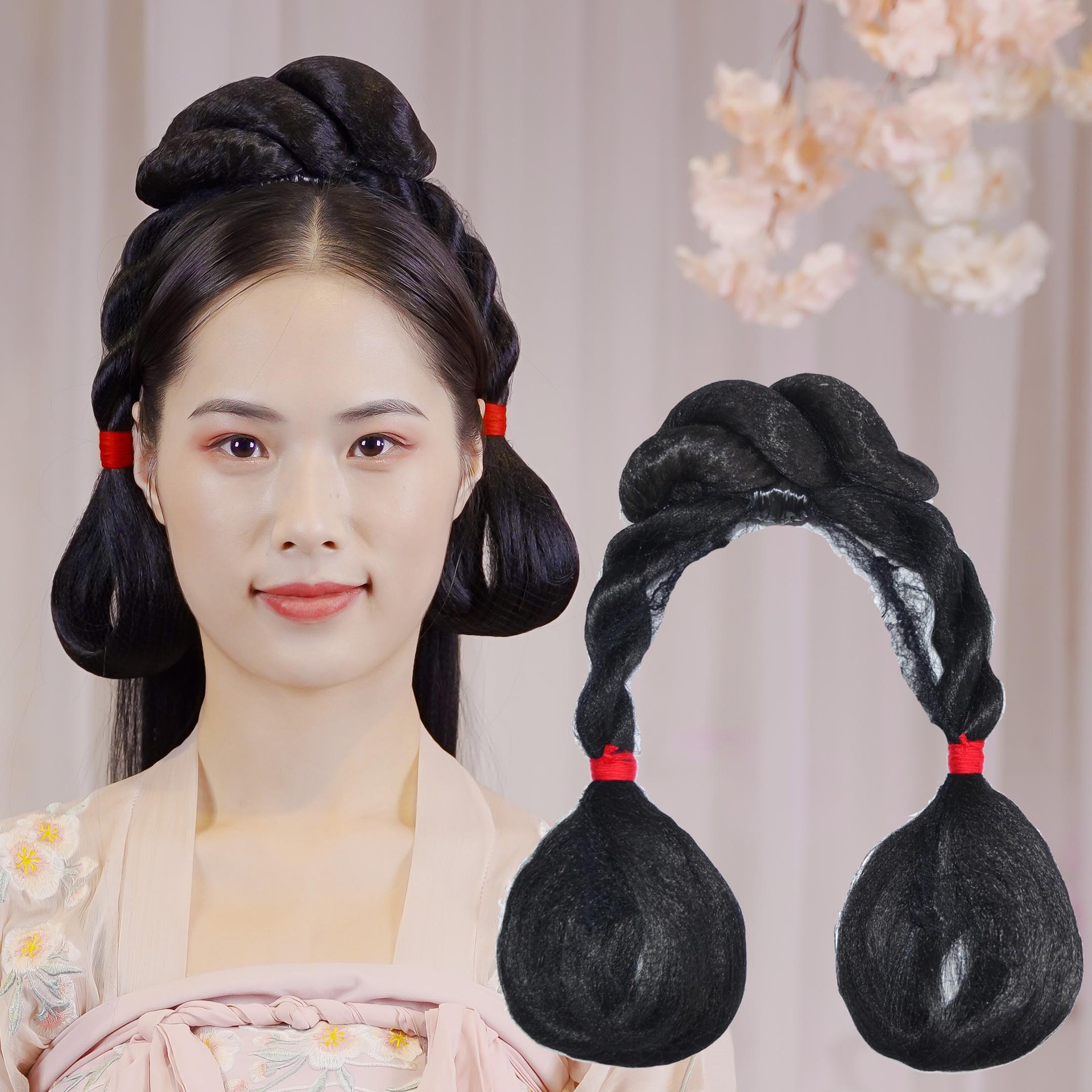 汉服假发发箍一体式古风发髻发箍麻花双股环红绳款 懒人发箍-阿里巴巴