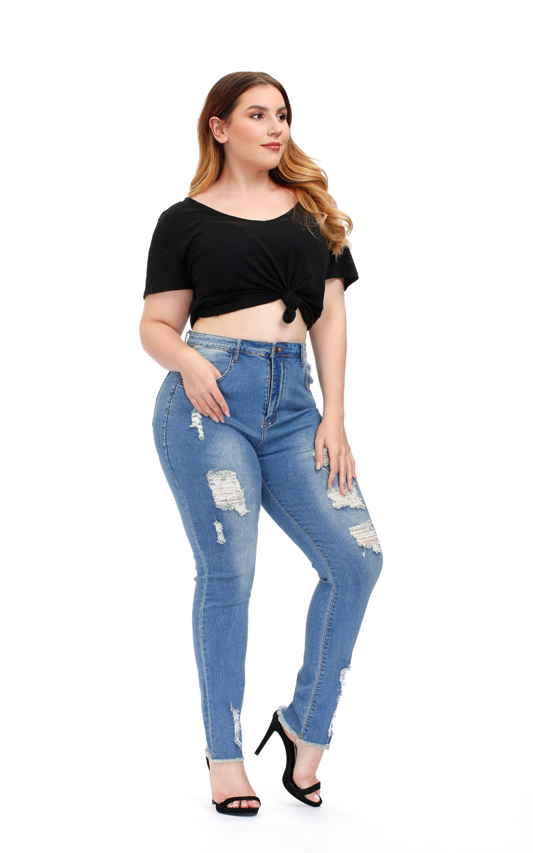 2021亚马逊跨境大码欧美牛仔裤女肥婆破洞弹力水洗修身女士牛仔裤