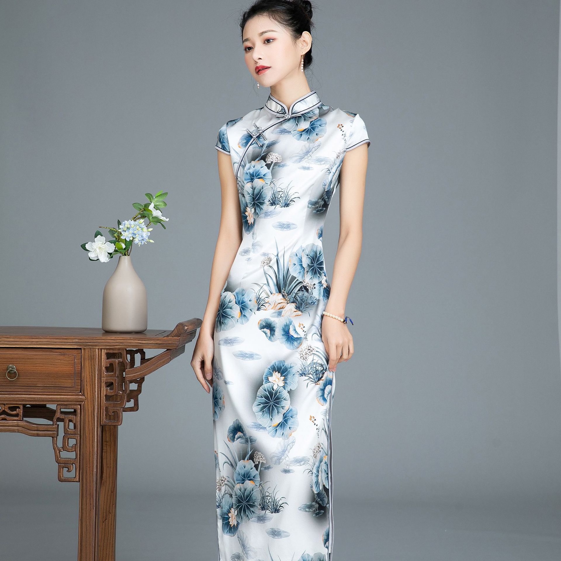 2020长款短袖春夏新款旗袍裙复古文艺修身真丝旗袍批发厂家直销