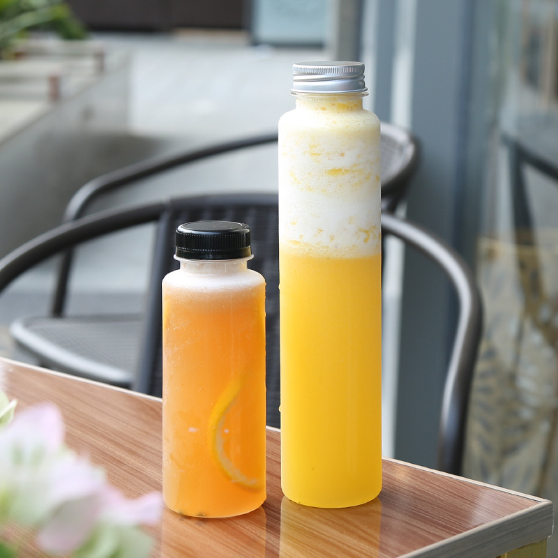一次性圆柱果汁瓶300ml塑料透明pet带盖食品级外卖大口饮料空瓶子