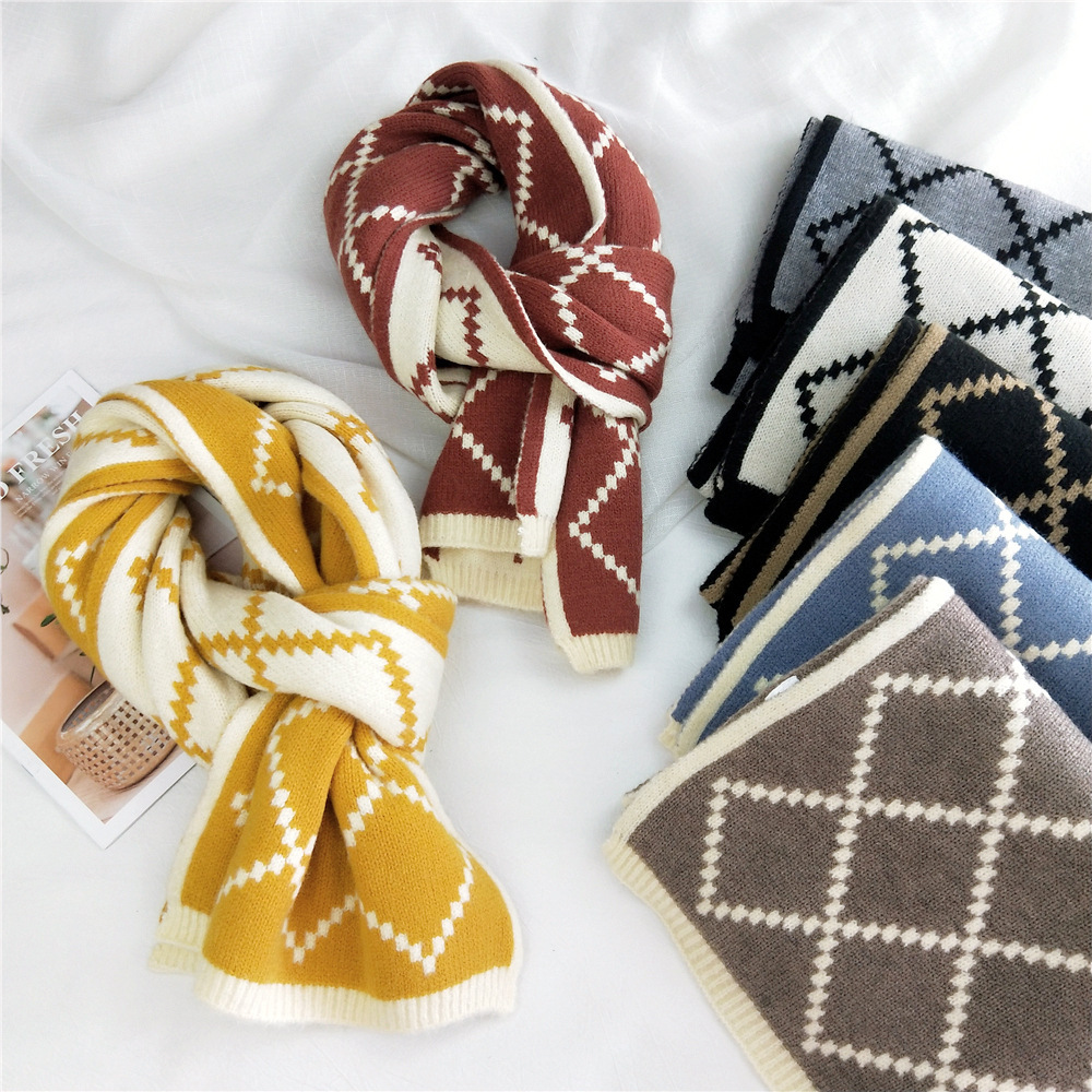 双面网格子针织毛线围巾女冬季韩版百搭学生加厚长款保暖围脖秋冬