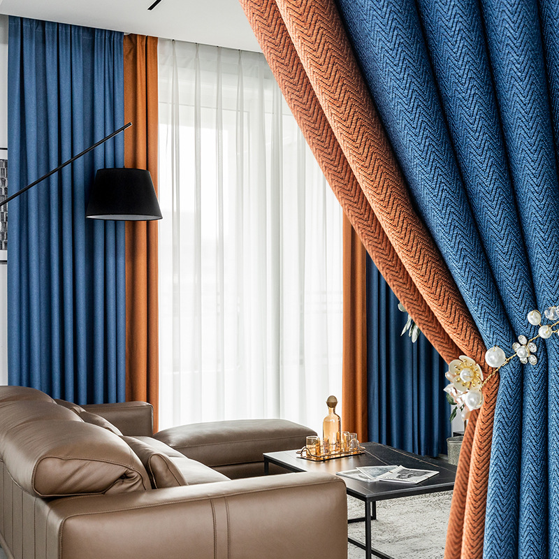 轩沫 2021新款遮光布防晒简约飘窗客厅遮阳卧室纯色拼接成品窗帘