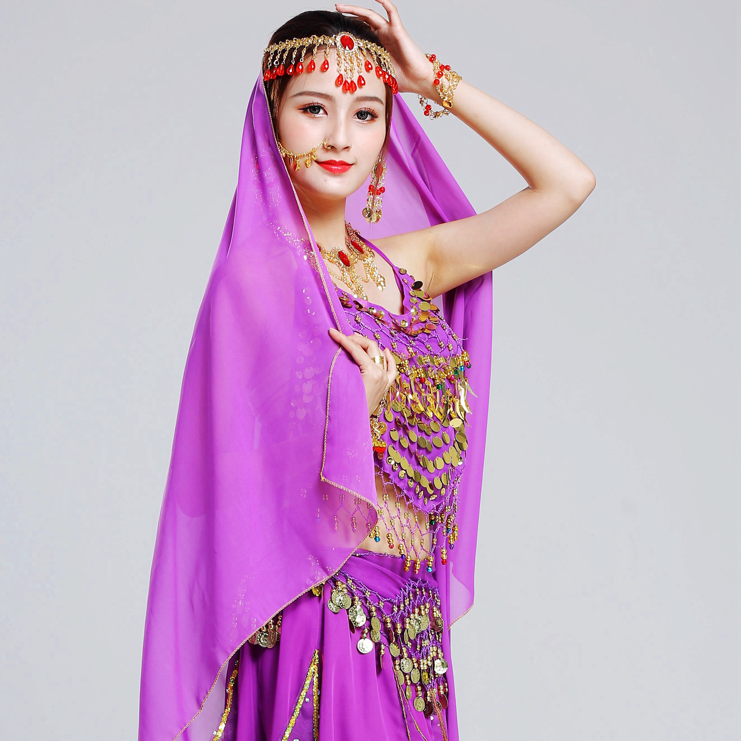 成人肚皮舞头饰纱巾民族舞印度舞演出配饰红珠水滴头链新疆舞头纱