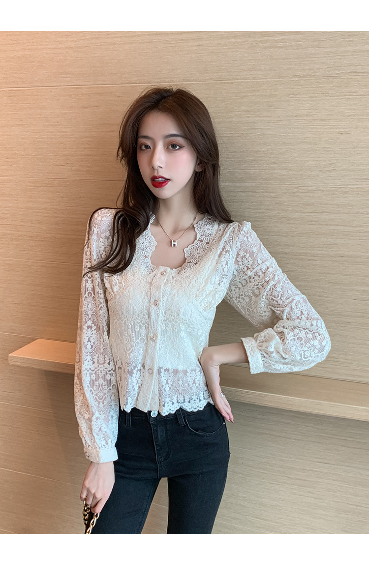 高品质镂空蕾丝衬衫女秋季v领修身短款长袖上衣ins洋气百搭衬衣