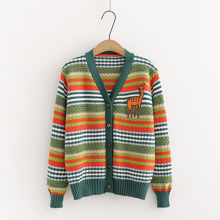 0成交42件日系森女秋装可爱小鸟提花v领开衫毛衣外套 少女针织衫上衣