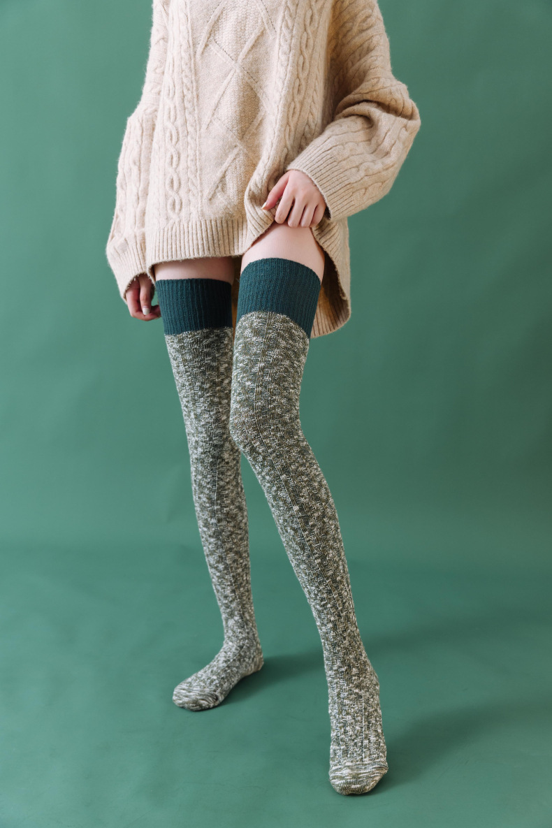 2020秋冬新款粗线过膝长筒袜全棉日系学院风拼色大腿袜批发高筒袜