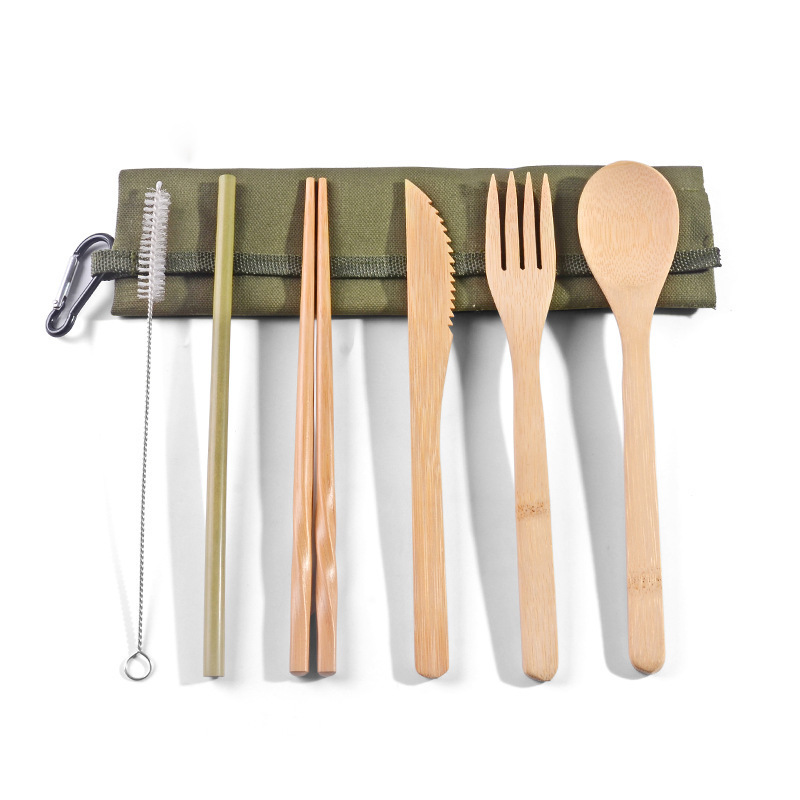 竹餐具收纳帆布袋便携餐具套装学生西式刀叉勺筷野营餐具厂家直销