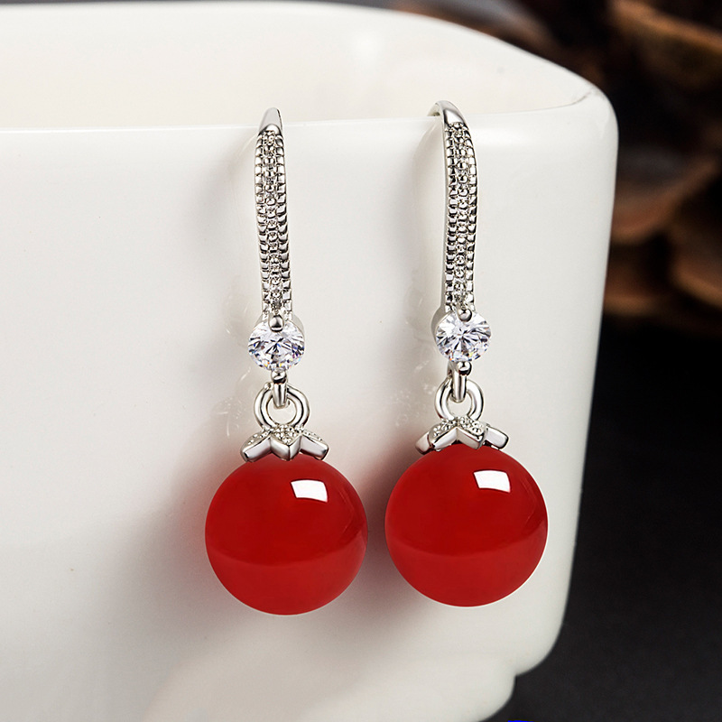 Natural Agate Earrings S925 Sterling Silver Agate Earrings Long Women's Beeswax Fashionable and Popular Earrings Anti-Allergy Earrings