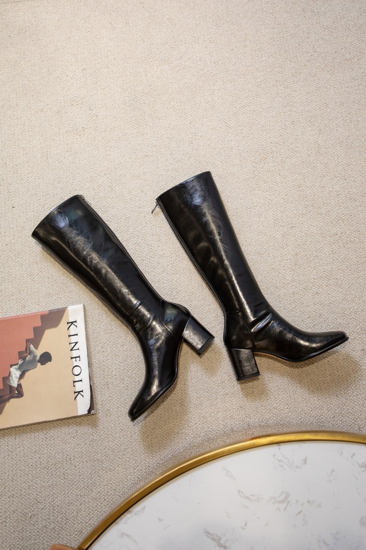 网红粗跟方头直筒靴真皮显瘦长靴高跟后拉链高筒骑士靴女靴子