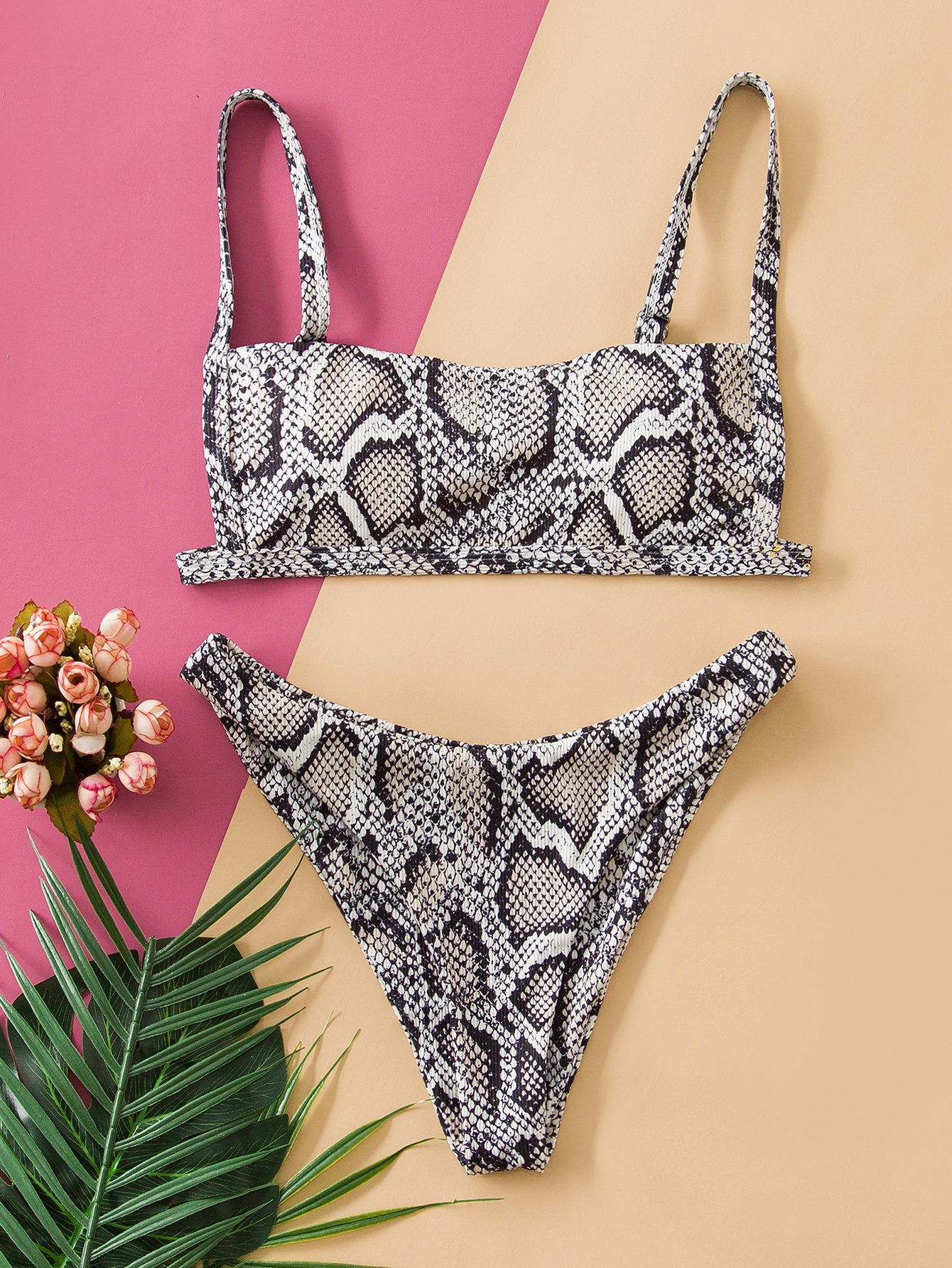 欧美跨境ins热卖性感抹胸小吊带低胸蛇纹修身提胸小背心泳衣套装