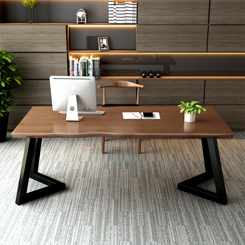 单人实木美式办公桌 家用书房不规则电脑桌 工业风办公室桌椅组合