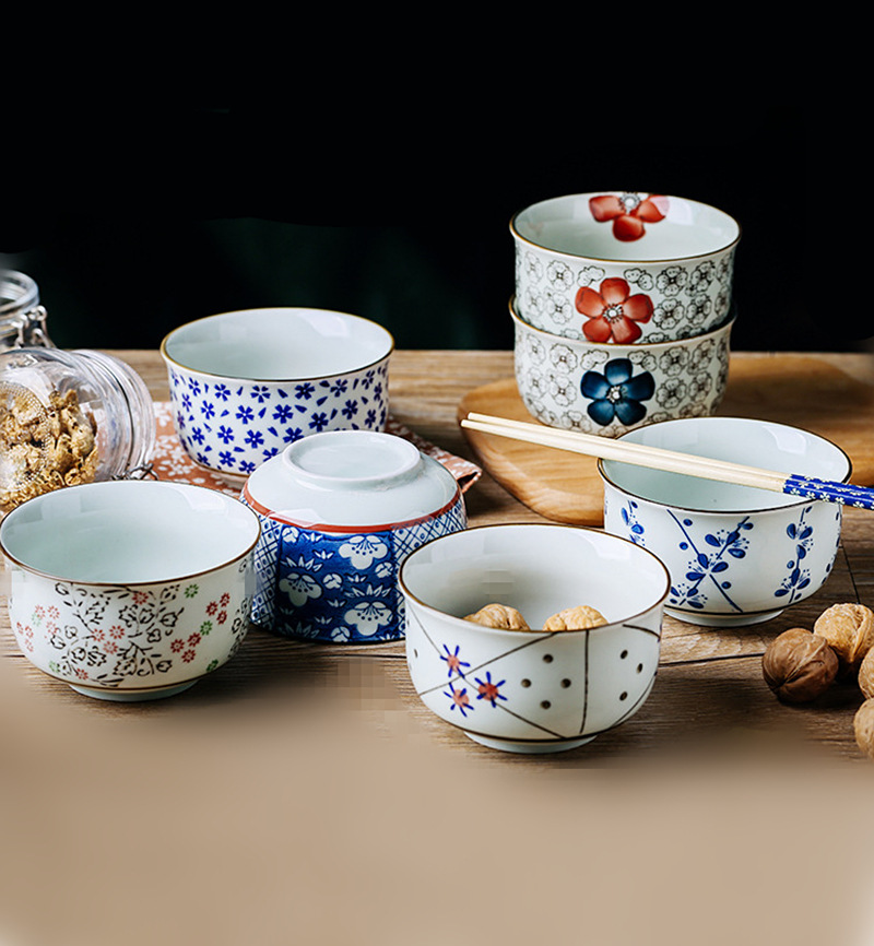 厂家批发4.25英寸新韩式碗陶瓷米饭碗家用小碗手绘釉下彩七色五彩