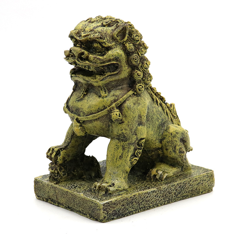 鱼缸造景仿真古狮子水族箱装饰动物风水摆件镇宅古铜狮子坐像浮雕